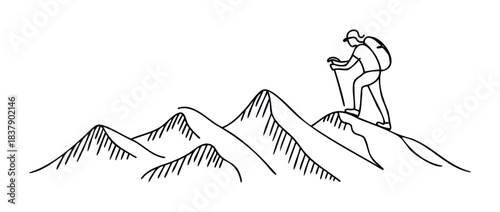 Lone hiker with backpack and poles pauses on a mountain peak, symbolizing adventure, achievement, and the pursuit of goals in nature, perfect for travel or motivational themes.