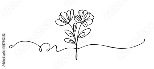 Elegant single line drawing of blooming flowers with delicate stems and flowing ground elements, perfect for botanical themes and feminine branding applications