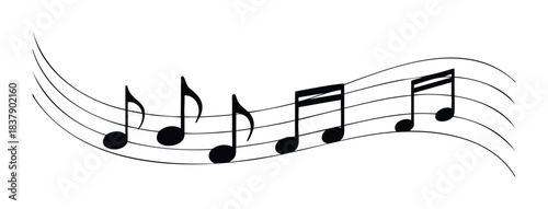 A musical staff with black musical notes flowing across it, perfect for compositions, compositions, or presentations related to music and melody.