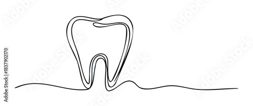 Minimalist single line drawing of a tooth symbolizing dental health and oral care, perfect for medical websites and hygiene campaigns