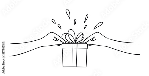 Hands opening a gift box with a bow, celebrating surprise and joy, perfect for holiday greetings and special occasion announcements.