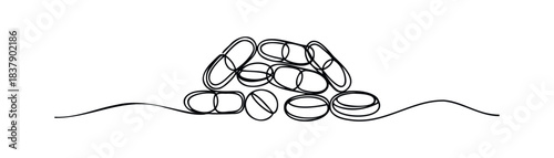 Heap of assorted pills and capsules depicted in continuous line drawing style for medical and pharmaceutical concepts.