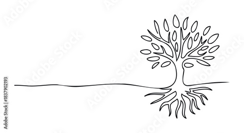 Single line drawing of a tree with roots and leaves symbolizing nature growth and life, perfect for environmental themes and organic concepts.