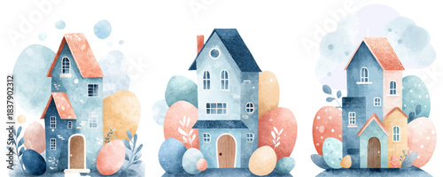 Watercolor Easter village houses with blue eggs and spring flowers on a soft background. Cute Easter house pattern for holiday cards and children's holiday posters.