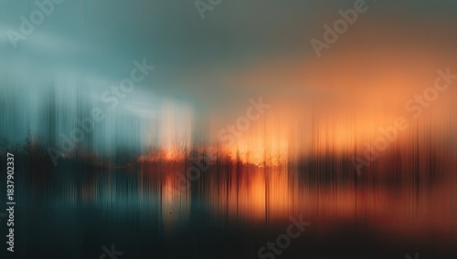 Abstract vertical lines create a moody composition, merging teal, orange, and dark tones