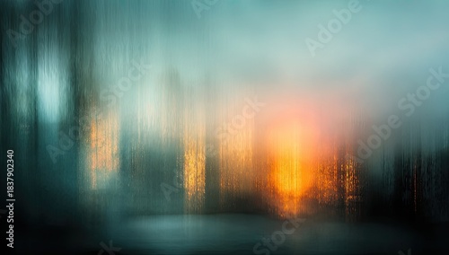 An abstract, impressionistic scene features blurred vertical lines with a fiery, glowing focal point