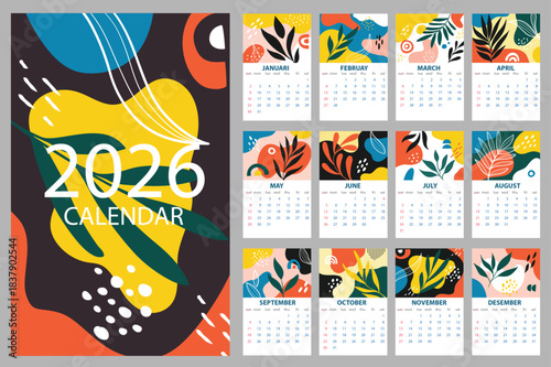 2026 Calendar Design with Abstract Colorful Floral and Leafy Elements