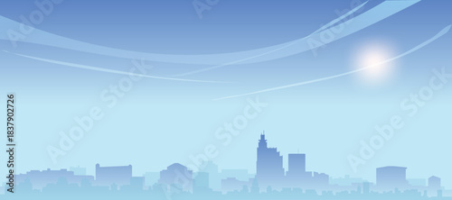 Blue panoramic poster of the city skyline with misty background buildings and clouds of JACKSON, UNITED STATES