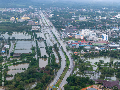 Widespread Aerial Flooding in Mueang Songkhla District, Thailand, Submerging Houses, Temples, and Roads