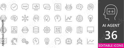 Minimal AI agent icon set featuring autonomous tasks, efficiency, planning, management, research, strategy, and intelligent workflow tools.
