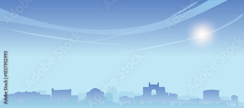 Blue panoramic poster of the city skyline with misty background buildings and clouds of MUMBAI, INDIA