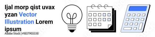 Business planning, productivity tools, innovation, financial management, time tracking, digital learning. Lightbulb, calendar and calculator symbols. Business planning and productivity tools concept