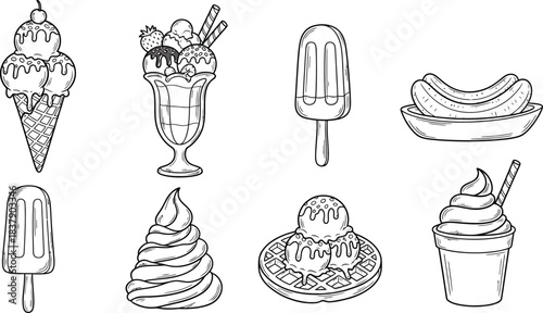 Collection of various ice cream desserts and treats in a stylized silhouette outline