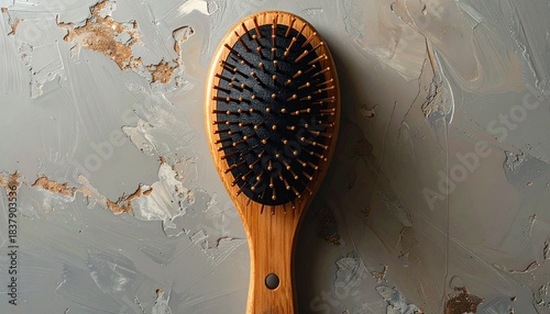 A wooden hairbrush with a light-colored handle and black cushioned base sits on a textured beige surface, showcasing its plastic bristles and simple, functional design in a clean grooming setup.