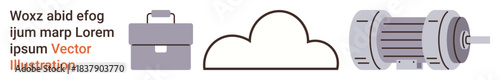 Technology, business tools, cloud computing, industrial machinery, data transfer, electronics. Briefcase, cloud icon and motor components arranged linearly. Cloud computing and technology