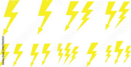 lightning bolt icons, various electric power and energy flash symbols, minimalist thunder shapes collection for electricity, weather, or technology design elements.