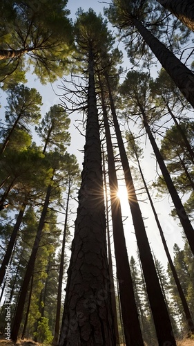 Bosque de pinos visto desde abajo con luz solar atravesando los árboles