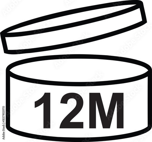 open jar icon with 12m label showing cosmetic product's safe usage period after opening for twelve months