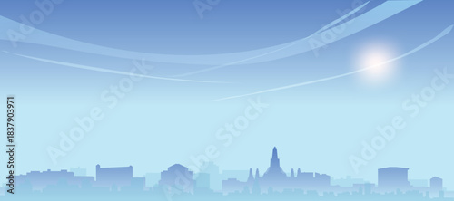 Blue panoramic poster of the city skyline with misty background buildings and clouds of BANGKOK, THAILAND