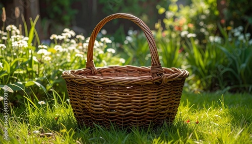 A woven wicker basket with a curved handle sits on a grassy lawn surrounded by white daisies and blooming garden flowers, bathed in warm sunlight filtering through trees in a peaceful outdoor setting.