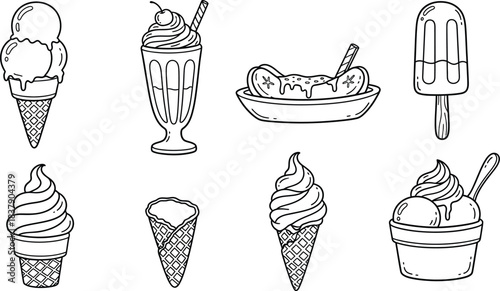 Collection of various ice cream desserts and treats in a stylized silhouette outline