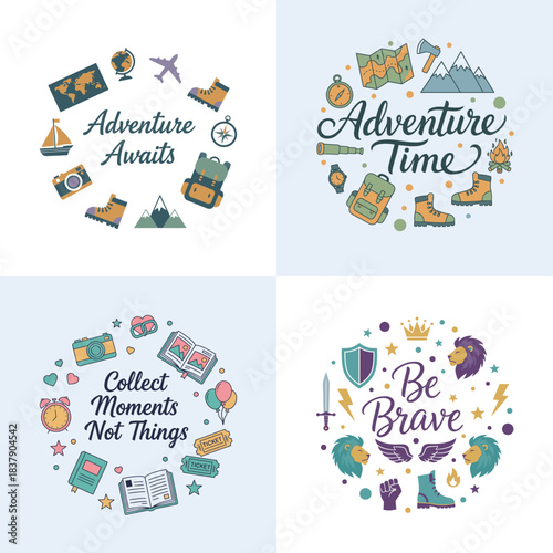 Adventure, Travel, and Motivational Concepts with Decorative Vector Icons Arranged in a Circular Wreath and Modern Calligraphy Text Design Set