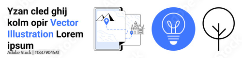 Navigation tools, sustainability, innovation, technology, map design, creative ideas. A map with a pinpoint, a lightbulb and a tree icon. Navigation tools and sustainability concepts