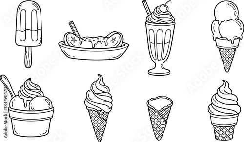 Collection of various ice cream desserts and treats in a stylized silhouette outline
