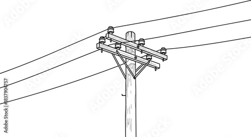 Detailed technical line drawing of wooden utility pole with crossarms, insulators, braces, and overhead power lines for electrical distribution education and infrastructure diagrams