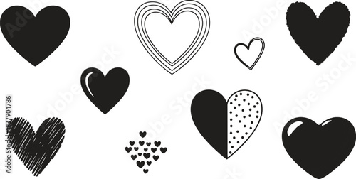 Doodle hearts sketch set. Various different hand drawn heart icon love collection isolated on white background. Red heart symbol for Valentines Day.