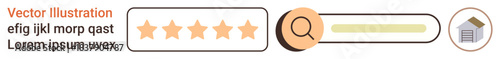User experience, web design, rating systems, search functionality, customer reviews, online navigation. Search bar with five stars, magnifying glass and house icon. User experience and web design
