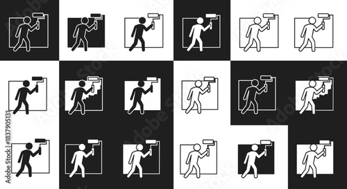 Five-by-five grid of painter icons, visual puzzle for pattern recognition, contrasting color schemes, painted squares, minimalist vector brain teaser illustration