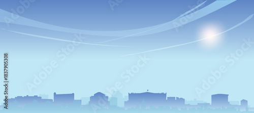 Blue panoramic poster of the city skyline with misty background buildings and clouds of OSLO, NORWAY