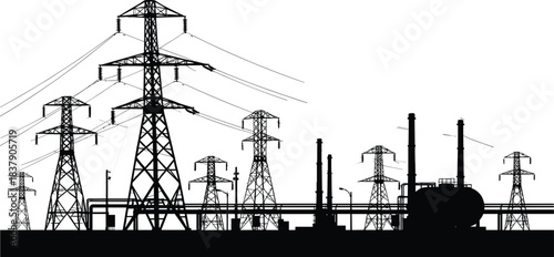 Industrial power plant silhouette with transmission towers and high voltage lines, energy infrastructure, factory chimneys, electrical grid network, industrial skyline at dusk