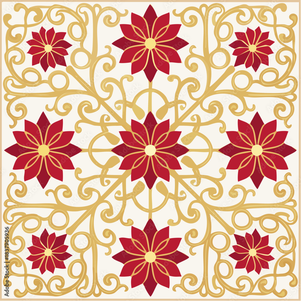 Fototapeta premium Seamless patter of vines and geometric rosette tiles; ruby red, gold, and ivory color combination