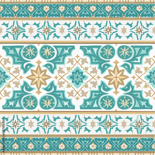 Seamless pattern of arabesque border elements combined with small star tiles 
