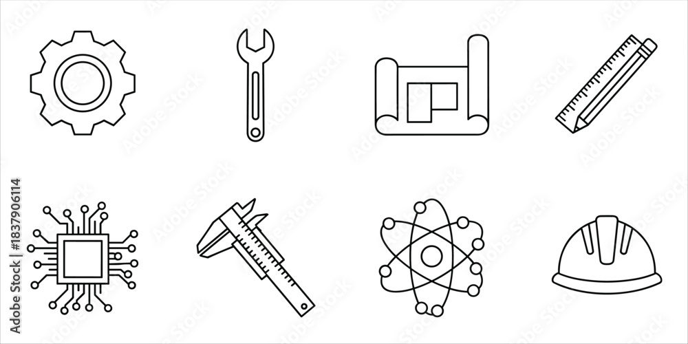 Fototapeta premium Engineering and science icon set: gear, wrench, blueprint, microchip, atom, helmet, tools 