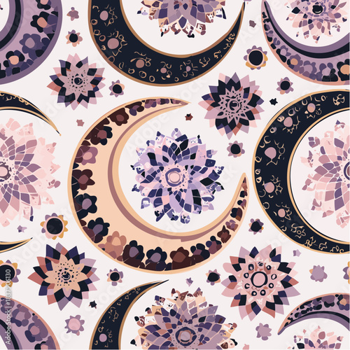Crescent moon and floating mandalas seamless pattern 