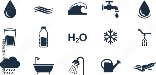 Collection of thin line icons representing plumbing and water supply elements, including pipes, joints, valves, faucets, a pressure gauge, water drops, and a wrench, all on a clean white background