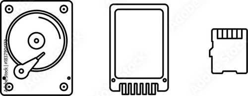 Collection of data storage icons vector outline set including memory card tablet and hard drive isolated on white background