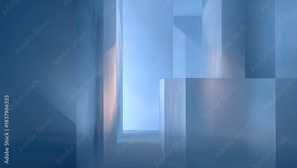 Fototapeta premium A digital abstract perspective with geometric, rectangular shapes in shades of blue and subtle highlights