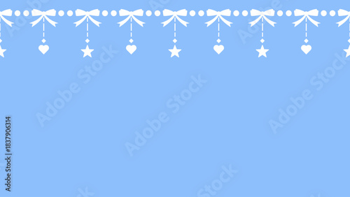Cute decorative border pattern featuring white bows, dangling hearts, stars, and dotted accents on a soft blue background. Ideal for stationery, greeting cards, packaging