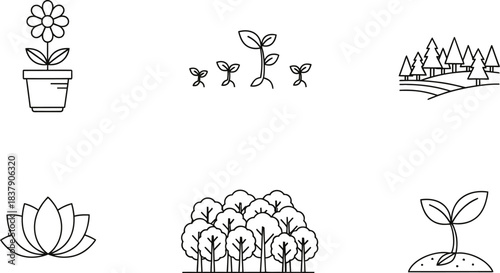 Collection of nature and plant growth vector icons including flower pot seedling and forest isolated on white background