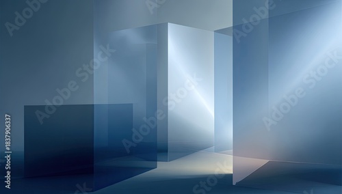Abstract architectural rendering of transparent, geometric forms in a soft, gradient lighting