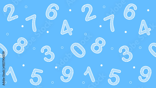 number pattern featuring hand-drawn white digits scattered across a bright blue background, design ideal for education materials, kids’ products, stationery, prints, and creative decorations