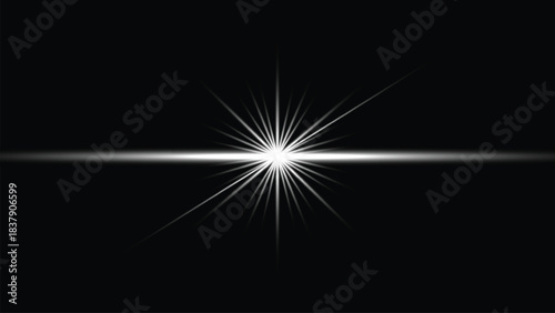 Bright white starburst lens flare effect with horizontal light beam isolated on white background
