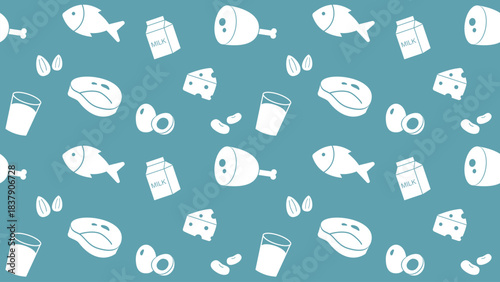 Protein-rich food pattern featuring fish, meat, eggs, cheese, beans, nuts, and dairy icons arranged on a teal background, ideal for nutrition themes, healthy-eating designs, and food-related graphics