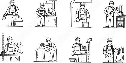 Eight industrial worker vector icons depicting manufacturing and maintenance occupations isolated on white background