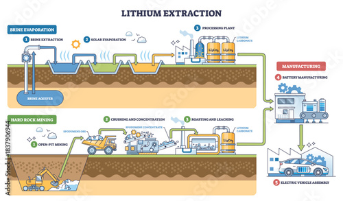 Lithium extraction process overview showing brine ponds, processing plant, and battery assembly, illustrates mining-to-EV flow. Outline diagram