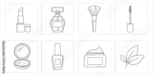 Set of minimal beauty and makeup icons including lipstick, brush, perfume, cream, mirror and leaf
